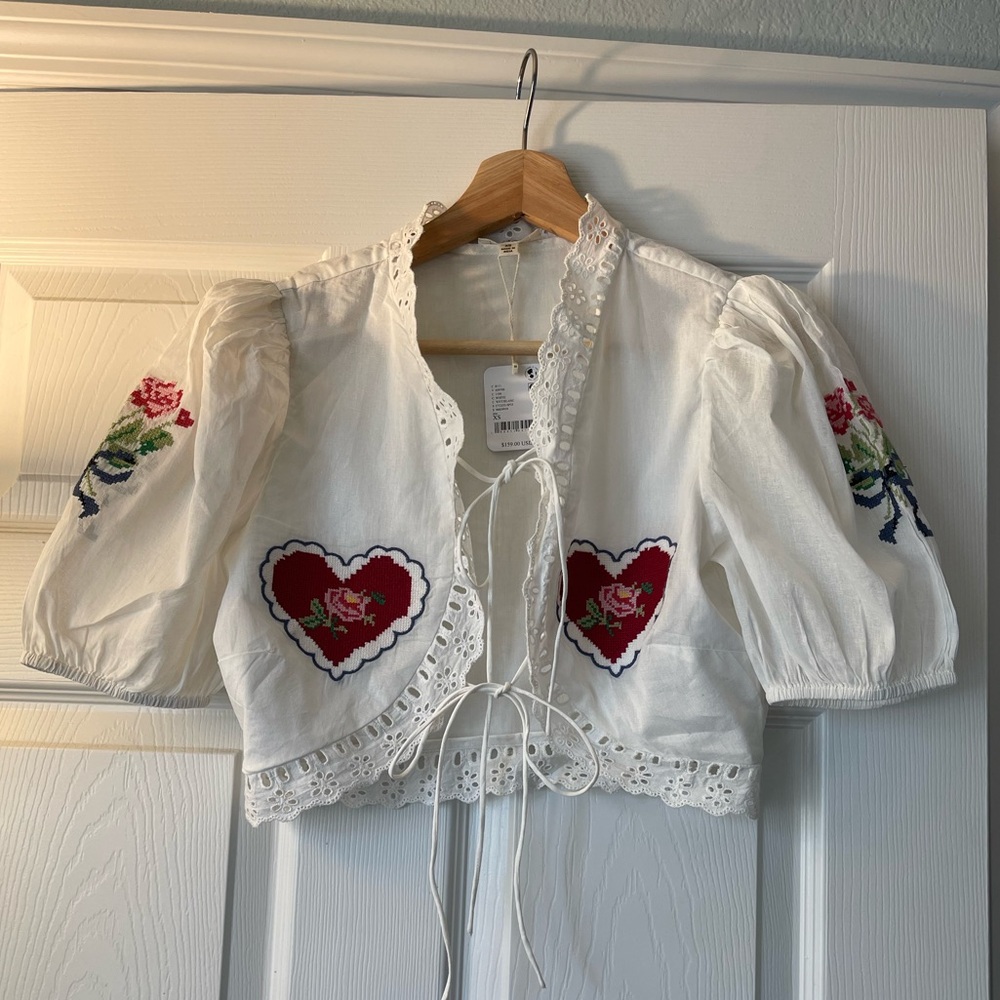 NEW For Love And Lemons White Blouse with Red Heart Embroidery
